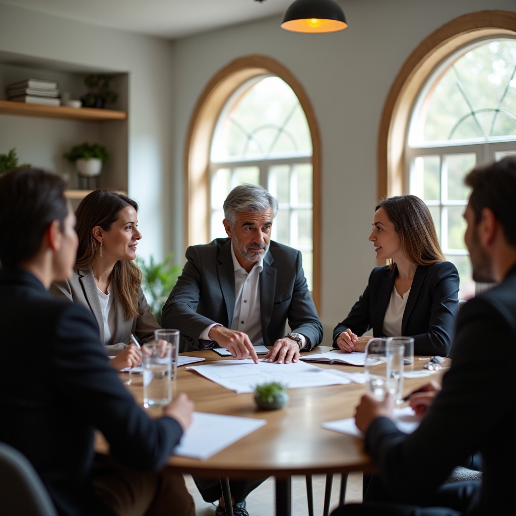 Cross-functional team meeting around a table discussing innovation