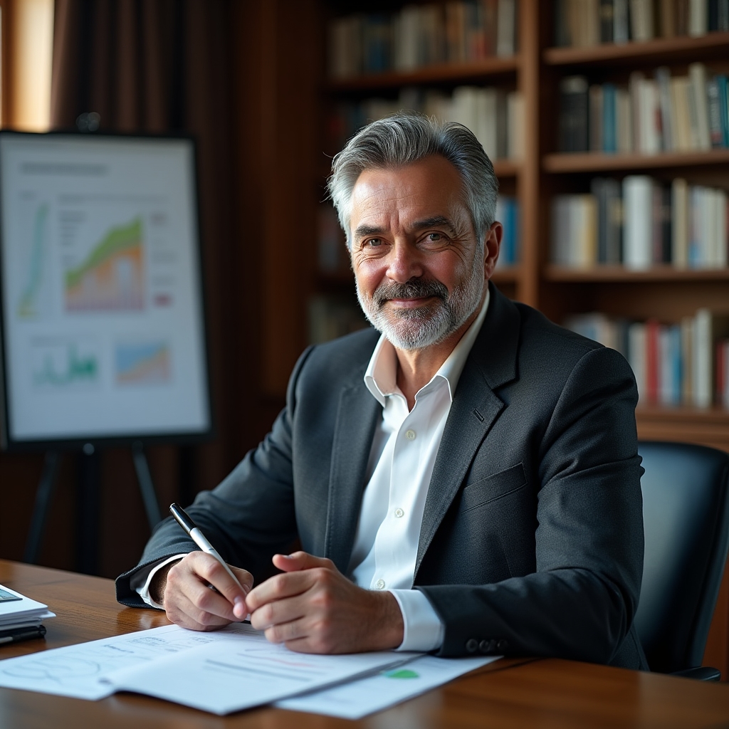 Senior executive reviewing innovation outcome reports at a desk